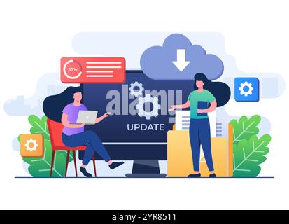 Upgrading operating system flat illustration, System update, System maintenance, Update program and application, Error fixing, troubleshooting, Device Stock Vector