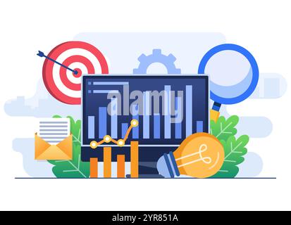 Business performance data analysis flat illustration concept, Search engine optimization, Market research chart, Data Analytics, Financial report, Bus Stock Vector