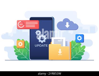 Upgrading operating system flat illustration, System update, System maintenance, Update program and application, Error fixing, troubleshooting, Device Stock Vector