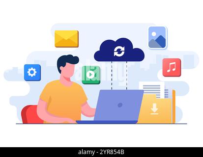 Man working with cloud computing and database service, Synchronize data, Secure file sharing, Upload and download files in the cloud server, Data back Stock Vector