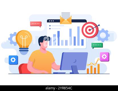 Businessman analyzing charts, graphs, and bars, Business data analytics, Market research, Business performance, Search engine optimization, Financial Stock Vector