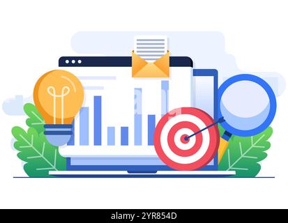 Business performance data analysis flat illustration concept, Search engine optimization, Market research chart, Data Analytics, Financial report, Bus Stock Vector