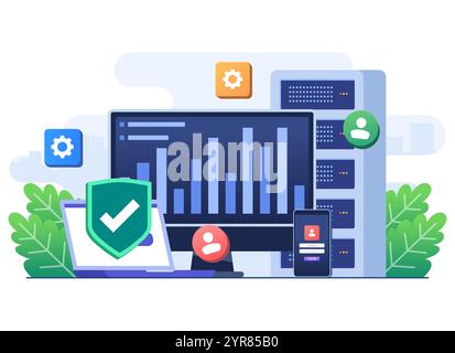 Cloud computing and database service, Secure file sharing between devices, Upload and download files in the cloud server, Data backup, Online cloud st Stock Vector