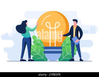 Business people with light bulb, New idea concept flat illustration template, New project or business idea, startup, Brainstorming concept for landing Stock Vector