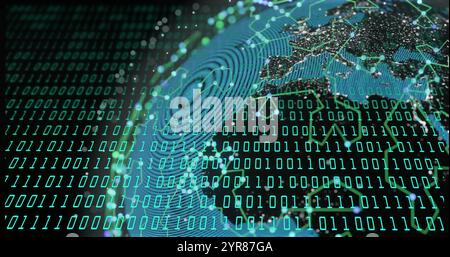 Binary code and digital globe, data processing image Stock Photo