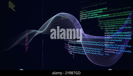 Flowing wave image over colorful programming code lines on dark background Stock Photo