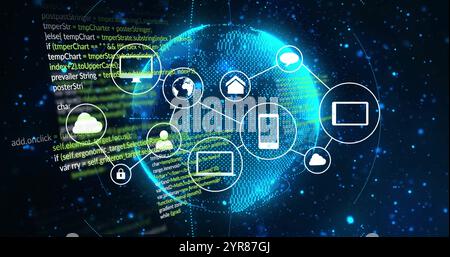 Digital code and icons image over rotating globe and network connections Stock Photo