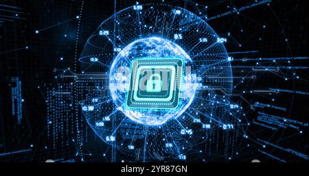 Cybersecurity lock icon with data processing image over digital code background Stock Photo