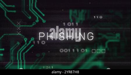 Image of phishing text over motherboard, globe and processing data on black Stock Photo