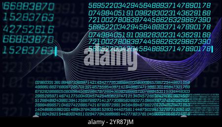 Flowing data waves and binary coding image over dark background with numbers Stock Photo
