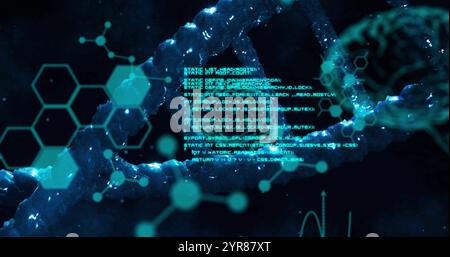 Image of viruses, brains and data processing over dna on black background Stock Photo