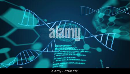 Image of dna strands over elements, brains and data on blue background Stock Photo
