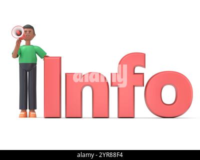 3D illustration of handsome afro man David with a megaphone and word -Info .Mockup 3d character illustration.3D rendering on white background. Stock Photo