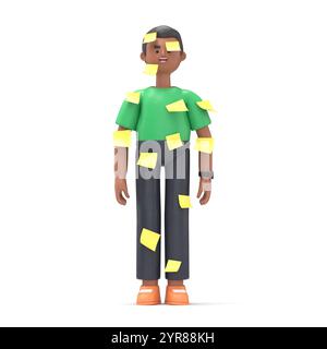3D illustration of handsome afro man David with a yellow paper. Multitasking. Post it.Mockup 3d character illustration.3D rendering on white backgroun Stock Photo