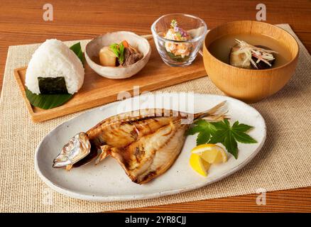 Japanese set meal of dried horse mackerel (Cafe Gohan style) Stock Photo
