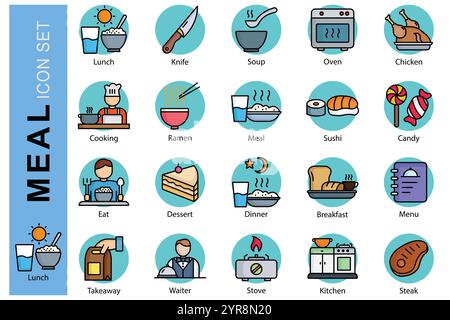Meal icon set. colored outline icon style. lunch, soup, chicken, and more. meal element vector illustration Stock Vector