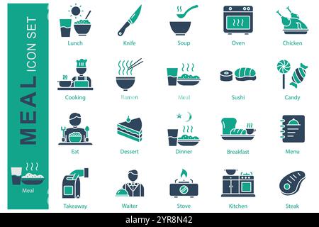 Meal icon set. solid icon style. lunch, soup, chicken, and more. meal element vector illustration Stock Vector