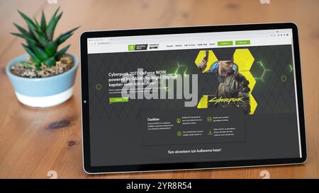 Istanbul, Turkey - 23 January 2024: Geforce Now Turkish homepage with Nvidia logo on a tablet screen. Nvidia is a leading tech company known for GPUs, Stock Photo