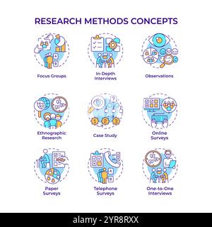 Research methods multi color concept icons Stock Vector