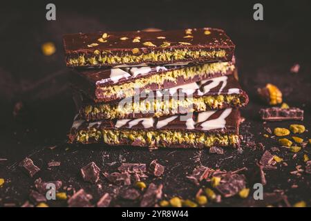 Dubai Chocolate bar with green kadayif and pistachio spread on brown background Stock Photo
