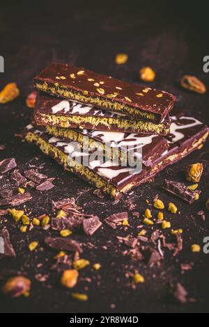 Dubai Chocolate bar with green kadayif and pistachio spread on brown background Stock Photo