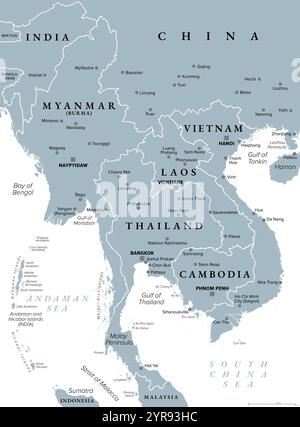 Mainland Southeast Asia, northern part of formerly known Indochina, gray political map. The countries Thailand, Vietnam, Myanmar, Laos, and Cambodia. Stock Photo