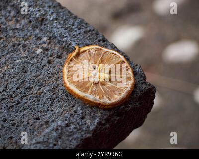 dried orange slices on stone texture Stock Photo