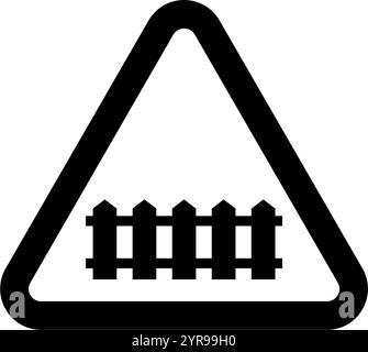 Warning icon depicting a railroad crossing with a fence in a triangular shape, indicating caution near railway tracks. Stock Vector