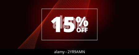 15 off sale banner. Abstract red glowing wavy lines on black wide background. 15 percent off holiday sale discount. Vector illustration Stock Vector