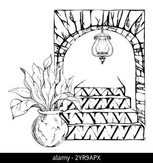 Patio garden arch opening portal, geometric azulejo wall tiles, stairs potted plant, hanging cast iron lantern. Hand drawn ink vector illustration Stock Vector