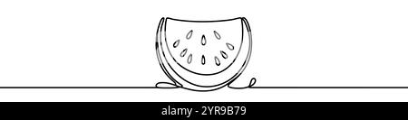One continuous line illustration of a watermelon slice, isolated on white background. Line art of watermelon slice Stock Vector
