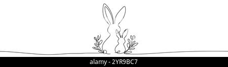 Minimalist easter design featuring two rabbits and plants drawn with one continuous line Stock Vector
