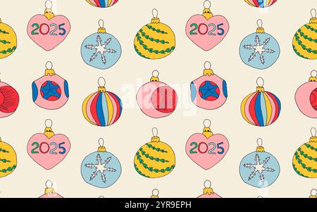 Trendy color seamless pattern with doodle Christmas toys. Balls and decoration for New Year Stock Vector