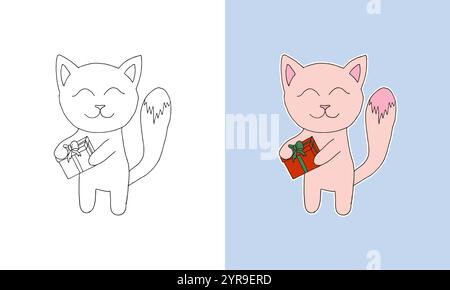 Cute doodle Christmas Kitten line art coloring page Stock Vector