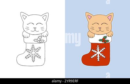 Cute doodle Christmas Kitten line art coloring page Stock Vector