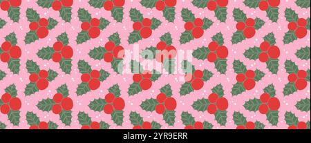 Christmas mistletoe seamless pattern. Trendy color vector holly leaf with berries. Stock Vector