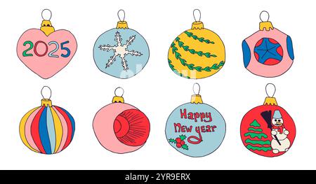 Trendy color doodle Christmas toys collection. Set of balls and decoration for New Year Stock Vector