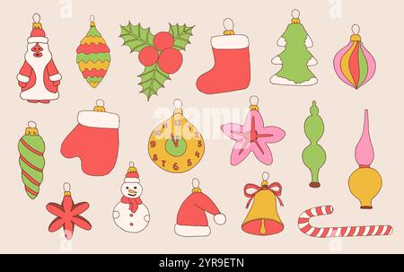 Trendy color doodle Christmas toys collection. Set of balls and decoration for New Year Stock Vector