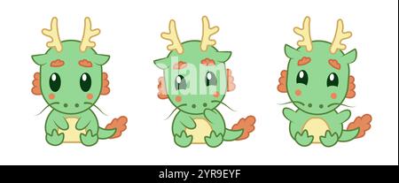 Cute baby green Chinese dragon icon set Stock Vector