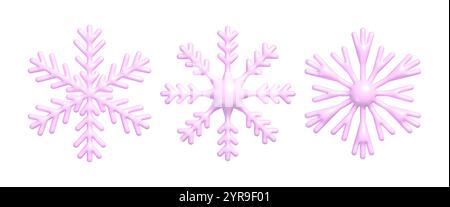 Set of 3d pink snowflakes. Realistic New Year and Christmas decoration of plastic snowflake Stock Vector