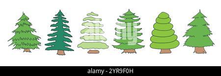 Christmas tree green doodle icon collection. Stock Vector
