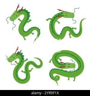 Cute Chinese green long dragons collection Stock Vector