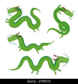 Cute Chinese green long dragons collection Stock Vector