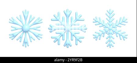Set of 3d blue snowflakes. Realistic New Year and Christmas decoration of plastic snowflake Stock Vector