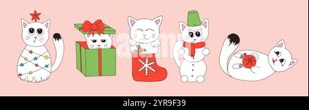 Cute doodle childish style kittens set. Collection of cats for christmas and new year Stock Vector