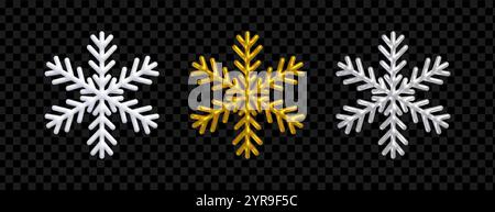 3d snowflake. Set of realistic snowflakes, white, golden and silver color. Stock Vector