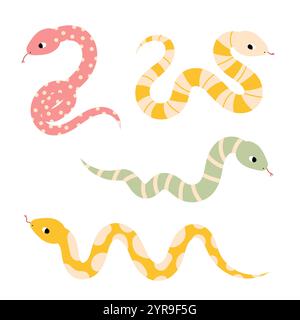 Funny snakes set. Doodle art of cute snake Stock Vector