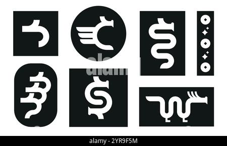 Modern logo collection with white chinese dragon on black backdrop. Stock Vector