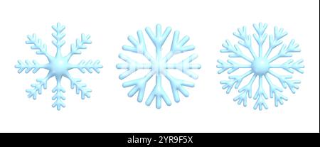 Set of 3d blue snowflakes. Realistic New Year and Christmas decoration of plastic snowflake Stock Vector