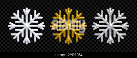 3d snowflake. Set of realistic snowflakes, white, golden and silver color. Stock Vector